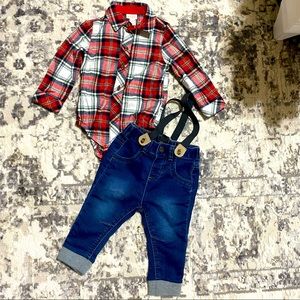 Cat and jack boy Christmas outfit long sleeve onesie and jeans with suspenders